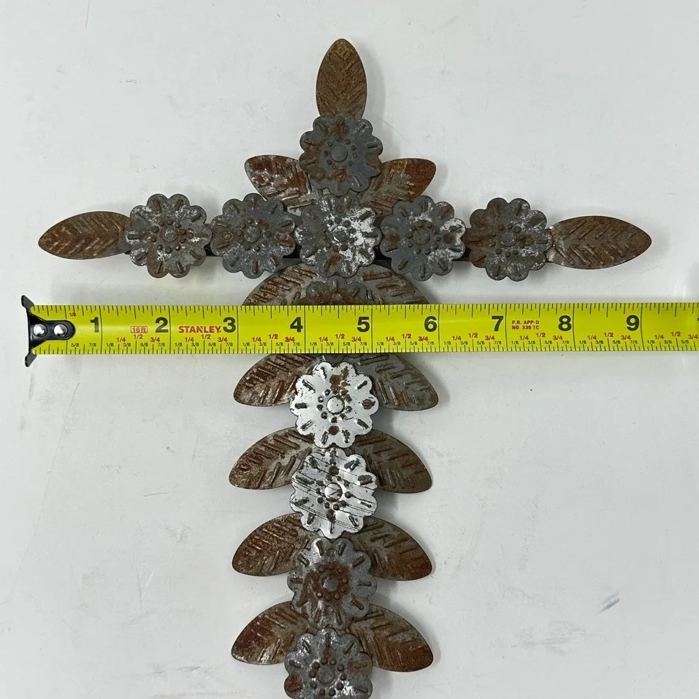 Rustic Distressed Metal Floral Wall Cross Brown Silver Weathered Farmhouse 11.5